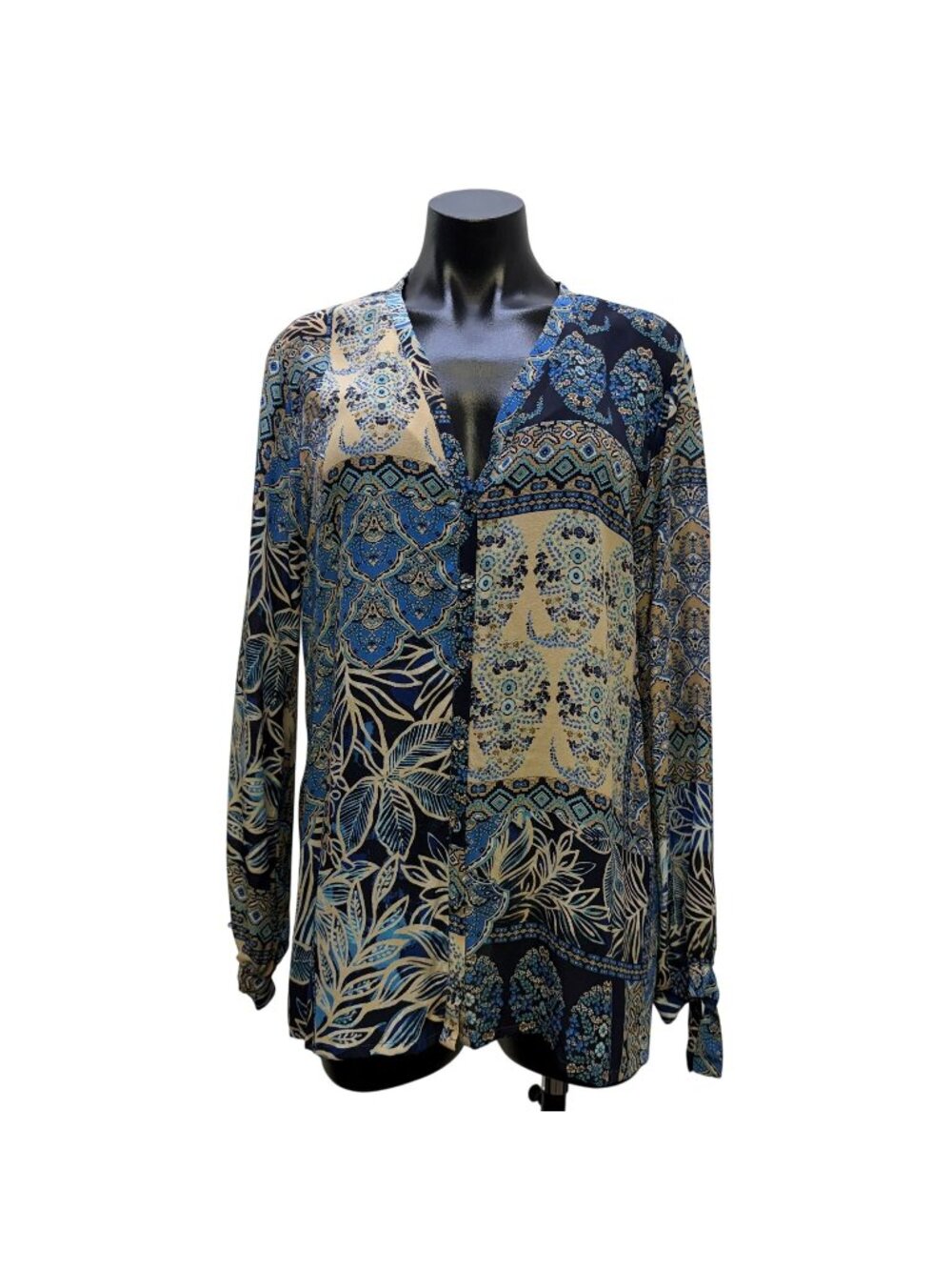 Johnny Was Blue & Cream Floral Patchwork Blouse Long Sleeve M